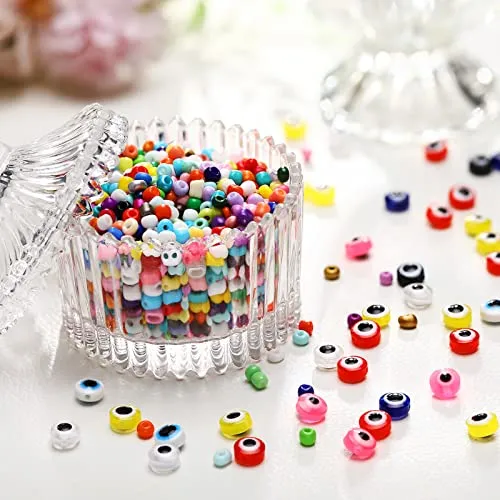 2400 Pcs Evil Eye Beads Kits Includes 400pcs 8 mm Flat Evil Eye Beads 2000pcs 4 mm Glass Seed Beads Colorful Bracelet Making Kit DIY Evil Eye Beads for Jewelry Bracelets Earring Making Kit