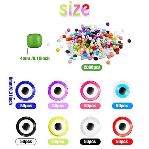 2400 Pcs Evil Eye Beads Kits Includes 400pcs 8 mm Flat Evil Eye Beads 2000pcs 4 mm Glass Seed Beads Colorful Bracelet Making Kit DIY Evil Eye Beads for Jewelry Bracelets Earring Making Kit