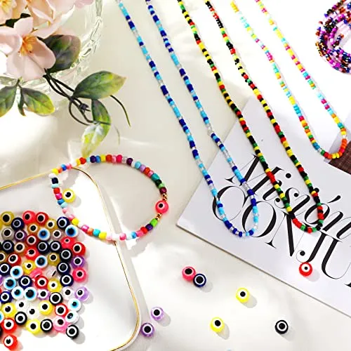 2400 Pcs Evil Eye Beads Kits Includes 400pcs 8 mm Flat Evil Eye Beads 2000pcs 4 mm Glass Seed Beads Colorful Bracelet Making Kit DIY Evil Eye Beads for Jewelry Bracelets Earring Making Kit