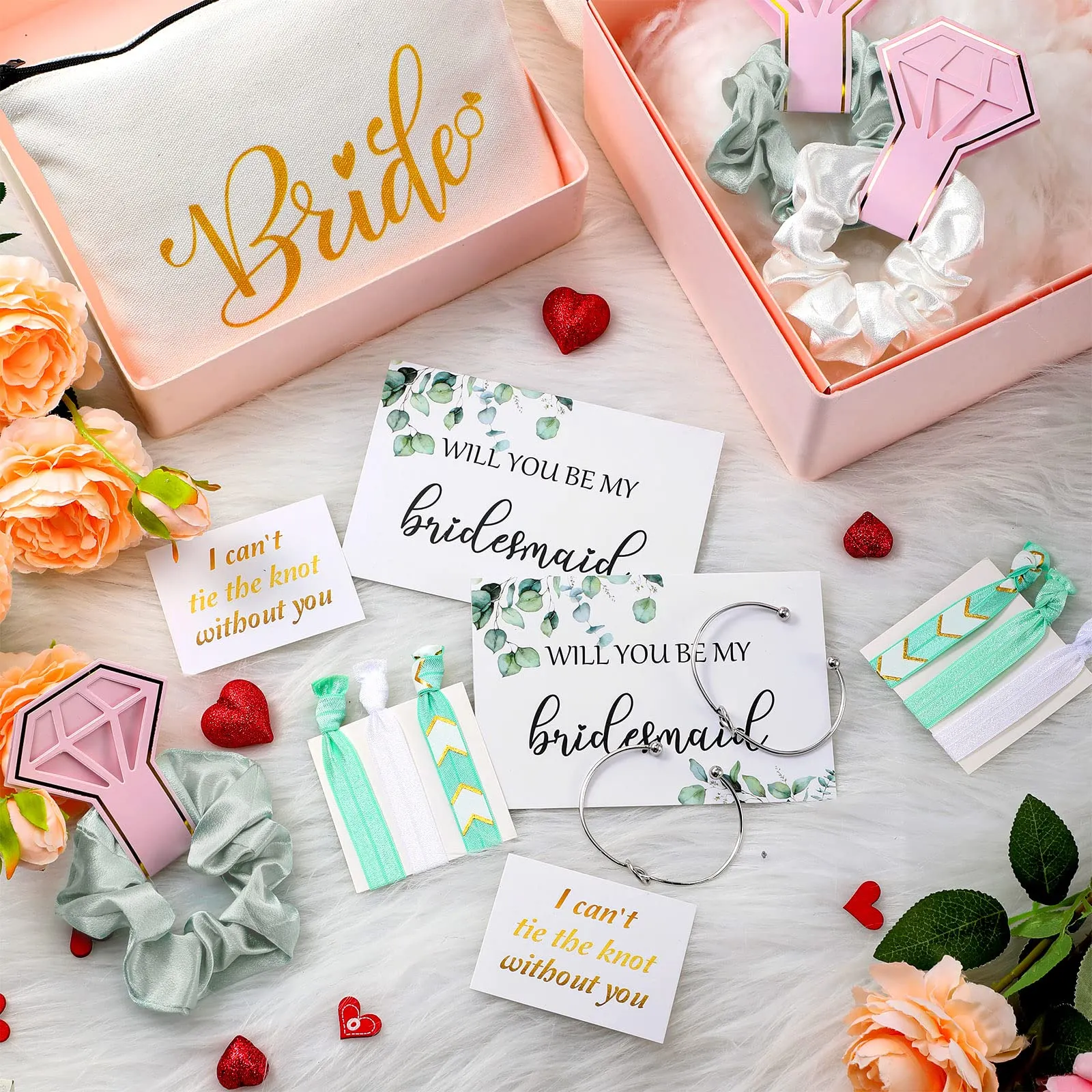 63 Pcs Bridesmaid Proposal Gift Sets Maid of Honor Matron of Honor Bride Gifts Bridal Shower Cosmetic Makeup Bags Scrunchies Hair Knotted Bracelets Invitation Cards for Wedding (Green Leaves)