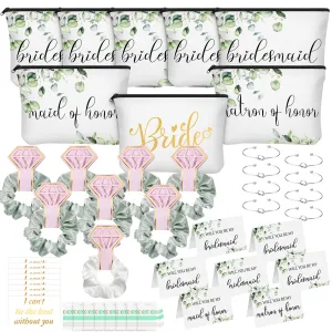 63 Pcs Bridesmaid Proposal Gift Sets Maid of Honor Matron of Honor Bride Gifts Bridal Shower Cosmetic Makeup Bags Scrunchies Hair Knotted Bracelets Invitation Cards for Wedding (Green Leaves)