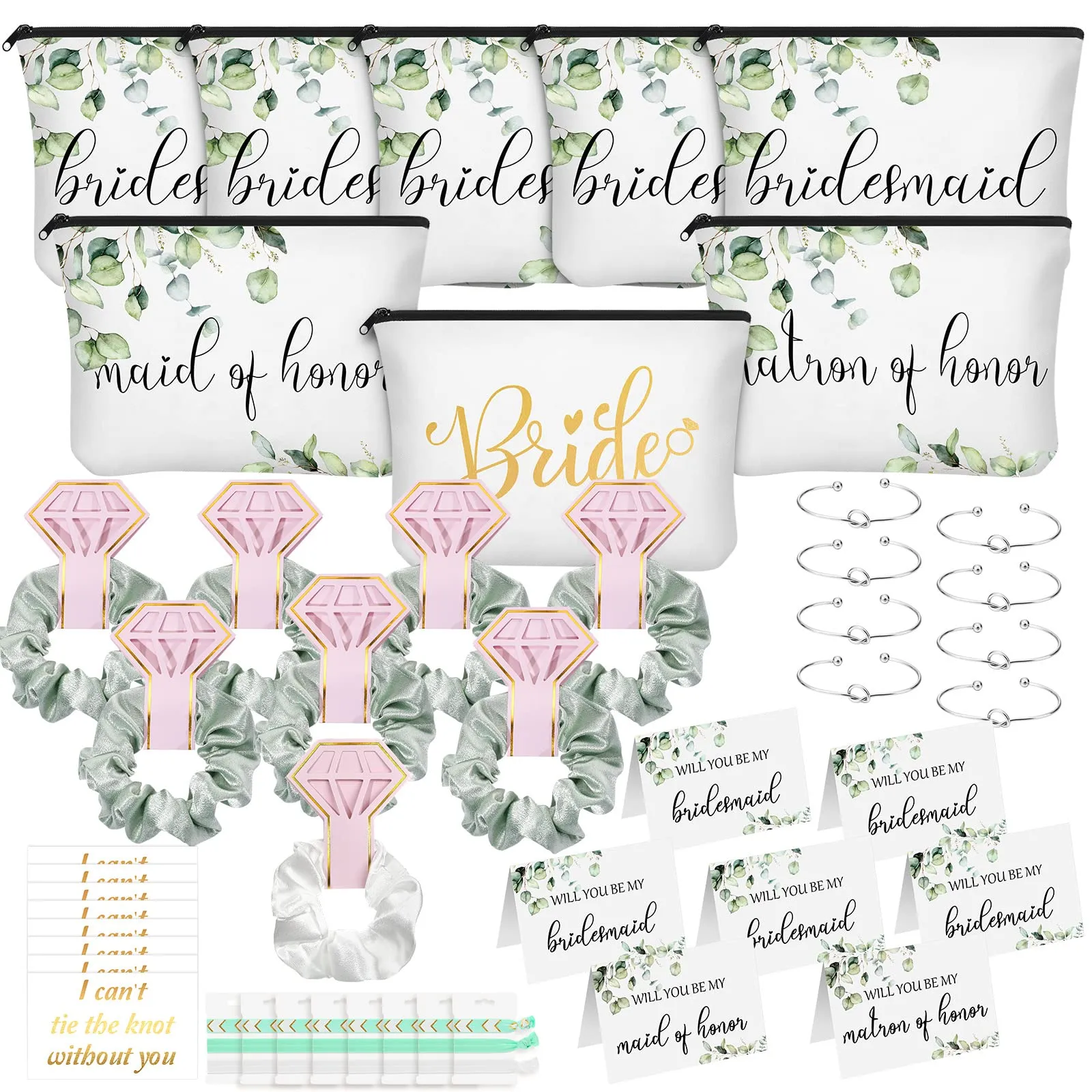 63 Pcs Bridesmaid Proposal Gift Sets Maid of Honor Matron of Honor Bride Gifts Bridal Shower Cosmetic Makeup Bags Scrunchies Hair Knotted Bracelets Invitation Cards for Wedding (Green Leaves)