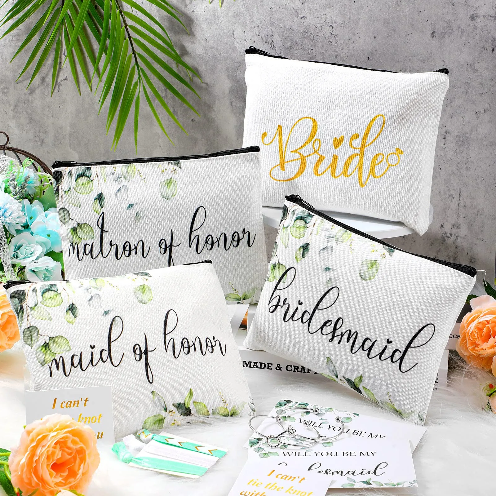 63 Pcs Bridesmaid Proposal Gift Sets Maid of Honor Matron of Honor Bride Gifts Bridal Shower Cosmetic Makeup Bags Scrunchies Hair Knotted Bracelets Invitation Cards for Wedding (Green Leaves)