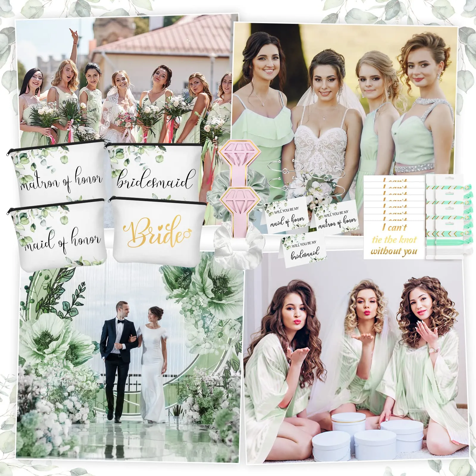 63 Pcs Bridesmaid Proposal Gift Sets Maid of Honor Matron of Honor Bride Gifts Bridal Shower Cosmetic Makeup Bags Scrunchies Hair Knotted Bracelets Invitation Cards for Wedding (Green Leaves)