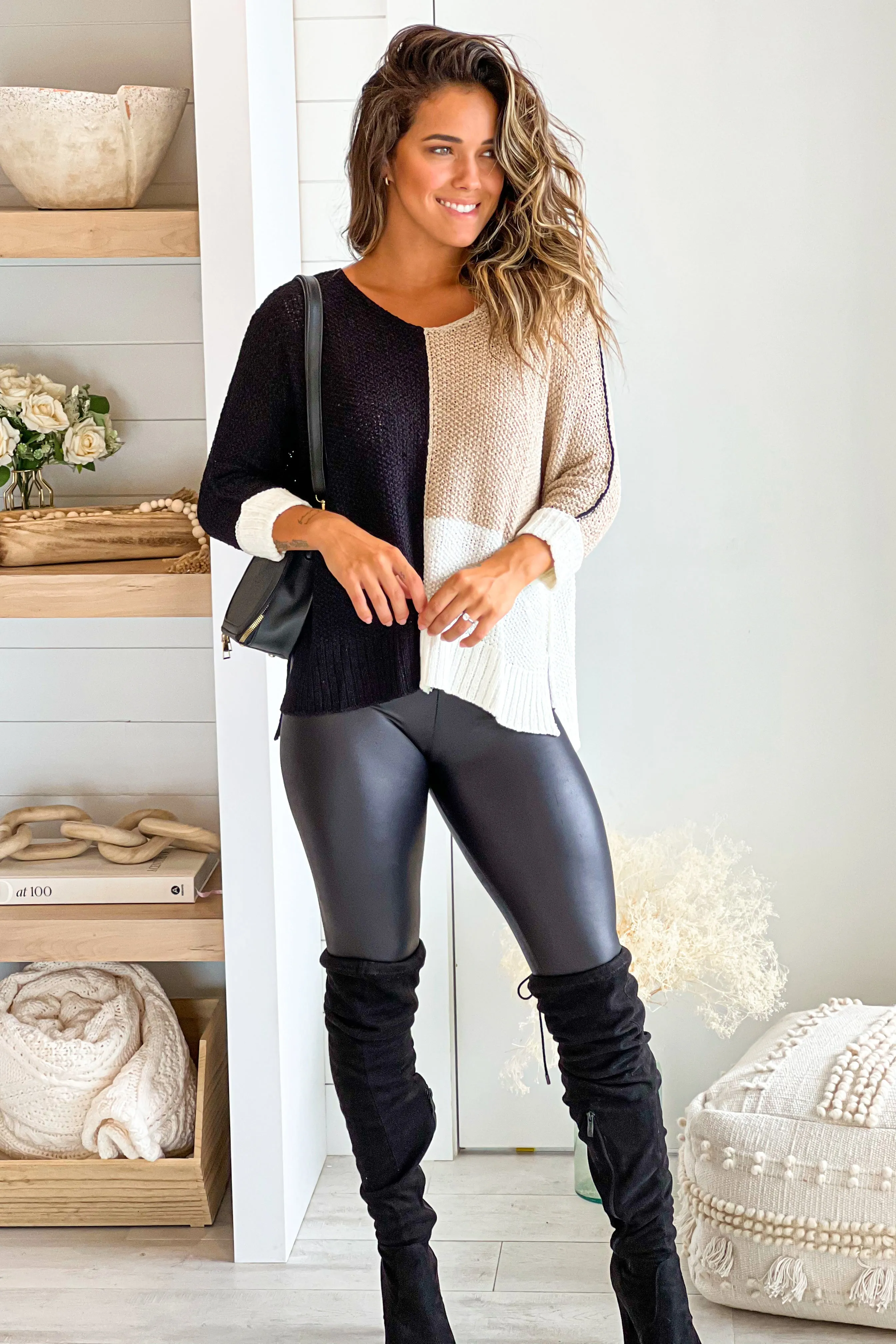Black Color Block Knit Sweater