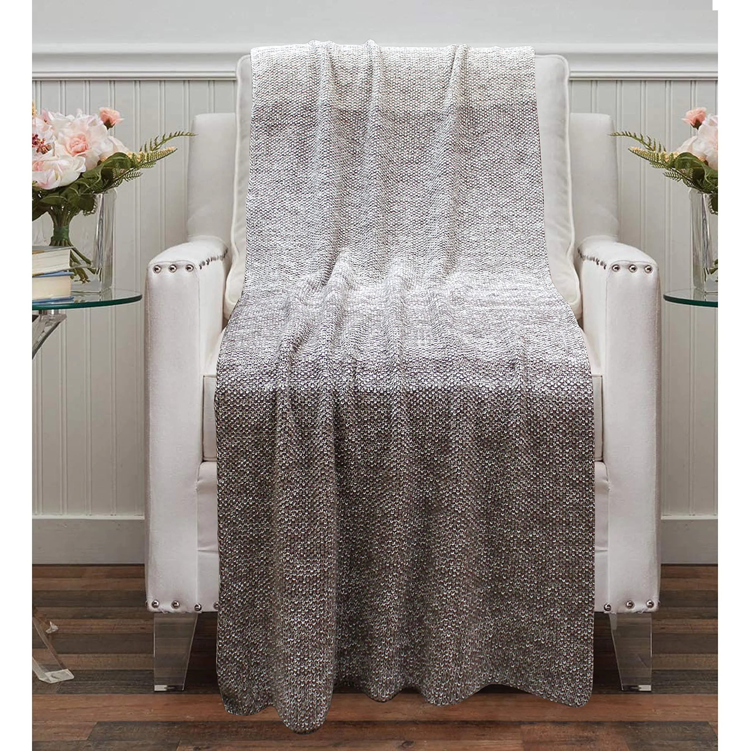 Cazimo Soft 100% Cotton Knitted Throw Blanket - 50 x 60 inches, Ivory & Taupe