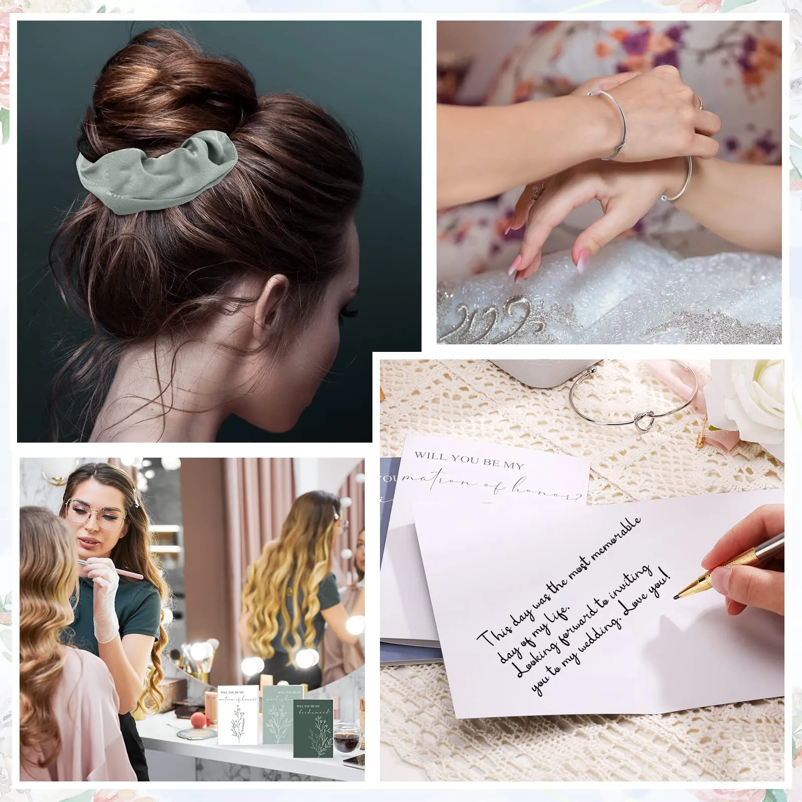 Cunno 48 Pcs Bridesmaid Proposal Gifts Wedding Maid of Honor Gifts Matron of Honor Gifts Bridal Shower Cosmetic Makeup Bags Scrunchies Hair Knotted Bracelets Invitation Card for Bridesmaid (Green)
