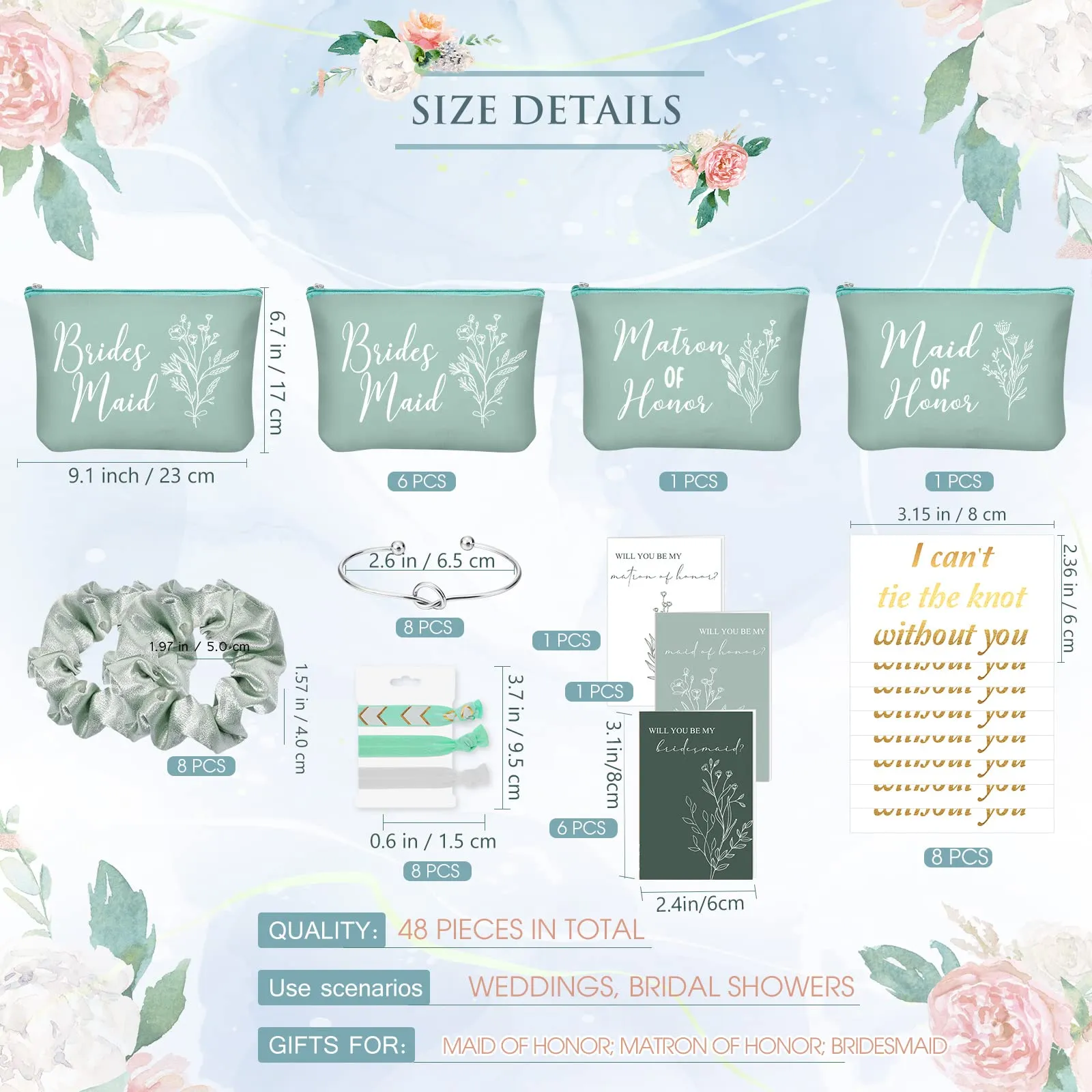 Cunno 48 Pcs Bridesmaid Proposal Gifts Wedding Maid of Honor Gifts Matron of Honor Gifts Bridal Shower Cosmetic Makeup Bags Scrunchies Hair Knotted Bracelets Invitation Card for Bridesmaid (Green)