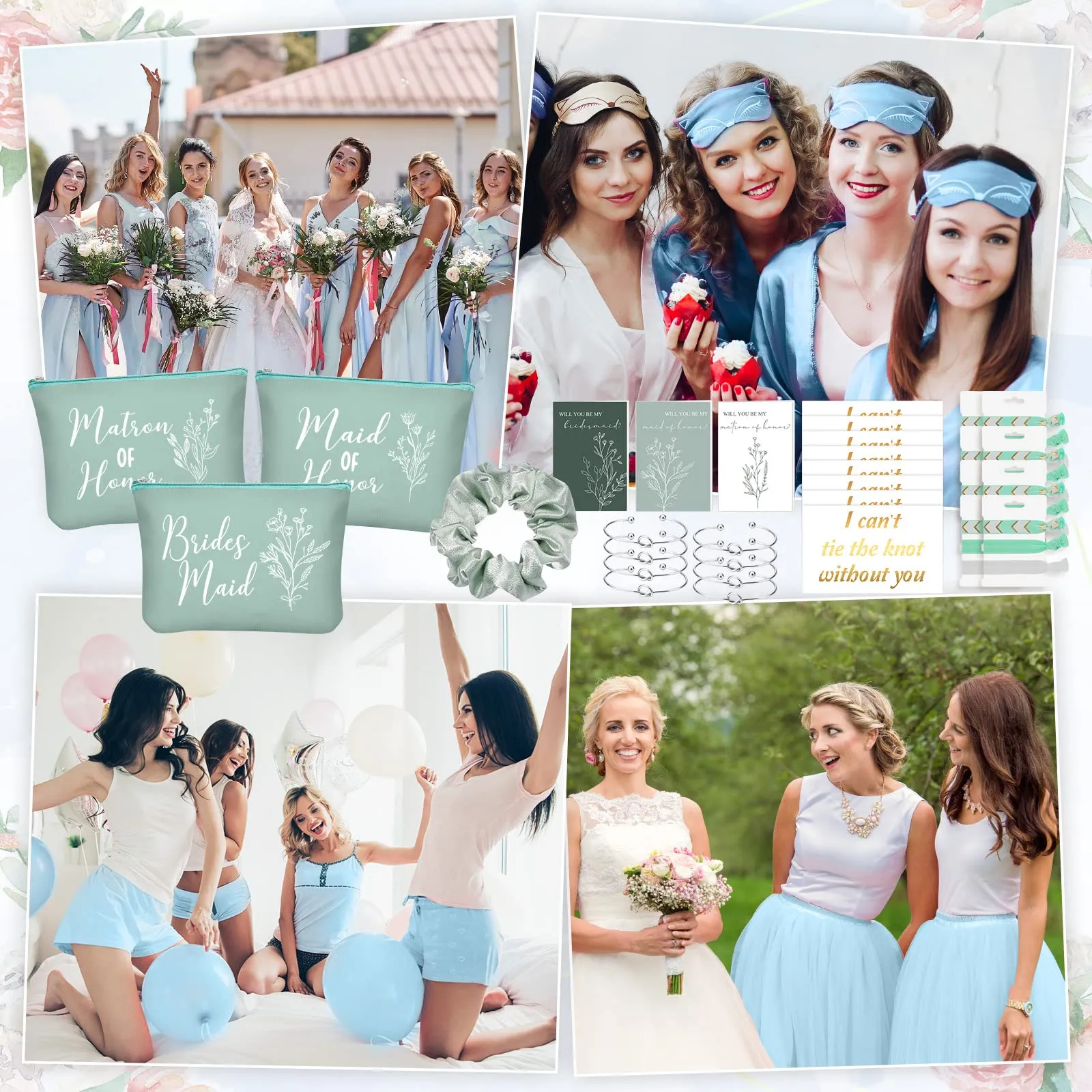 Cunno 48 Pcs Bridesmaid Proposal Gifts Wedding Maid of Honor Gifts Matron of Honor Gifts Bridal Shower Cosmetic Makeup Bags Scrunchies Hair Knotted Bracelets Invitation Card for Bridesmaid (Green)