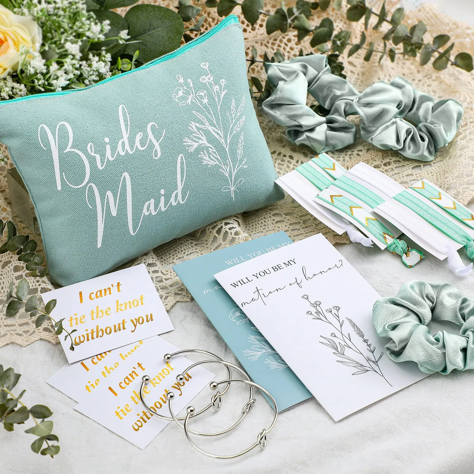 Cunno 48 Pcs Bridesmaid Proposal Gifts Wedding Maid of Honor Gifts Matron of Honor Gifts Bridal Shower Cosmetic Makeup Bags Scrunchies Hair Knotted Bracelets Invitation Card for Bridesmaid (Green)