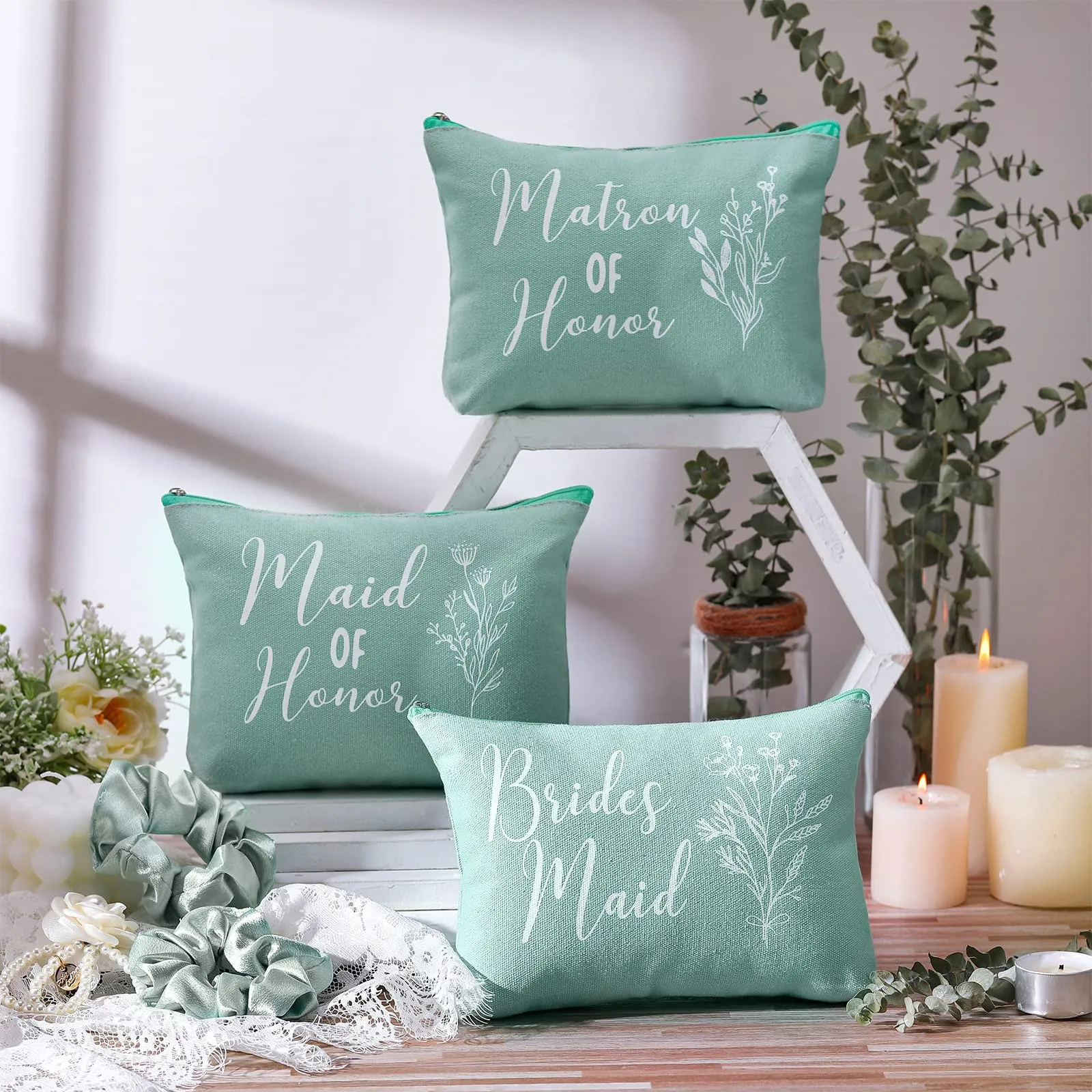 Cunno 48 Pcs Bridesmaid Proposal Gifts Wedding Maid of Honor Gifts Matron of Honor Gifts Bridal Shower Cosmetic Makeup Bags Scrunchies Hair Knotted Bracelets Invitation Card for Bridesmaid (Green)