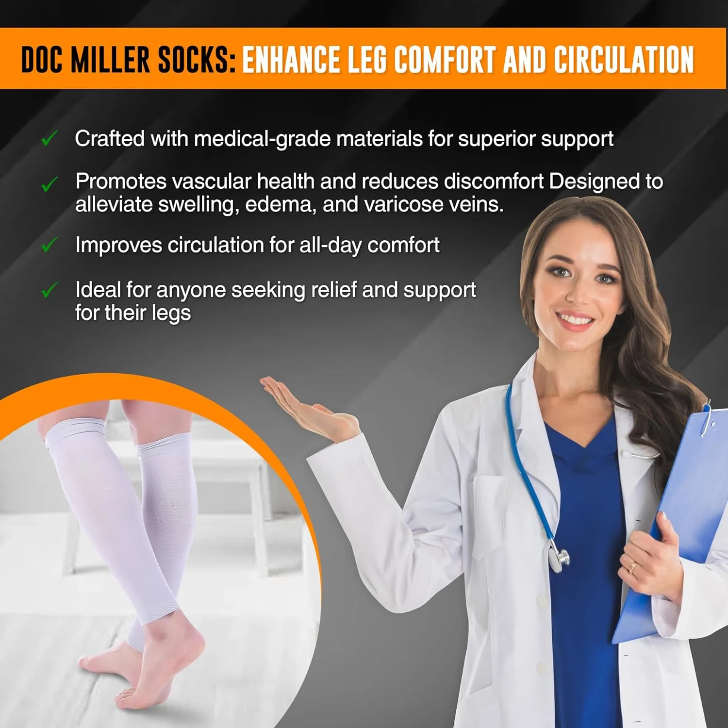 Doc Miller Compression Calf Sleeve for Men & Women, Premium Medical Grade, 20-30mmHg Graduated, Shin Splints, 1 Pair