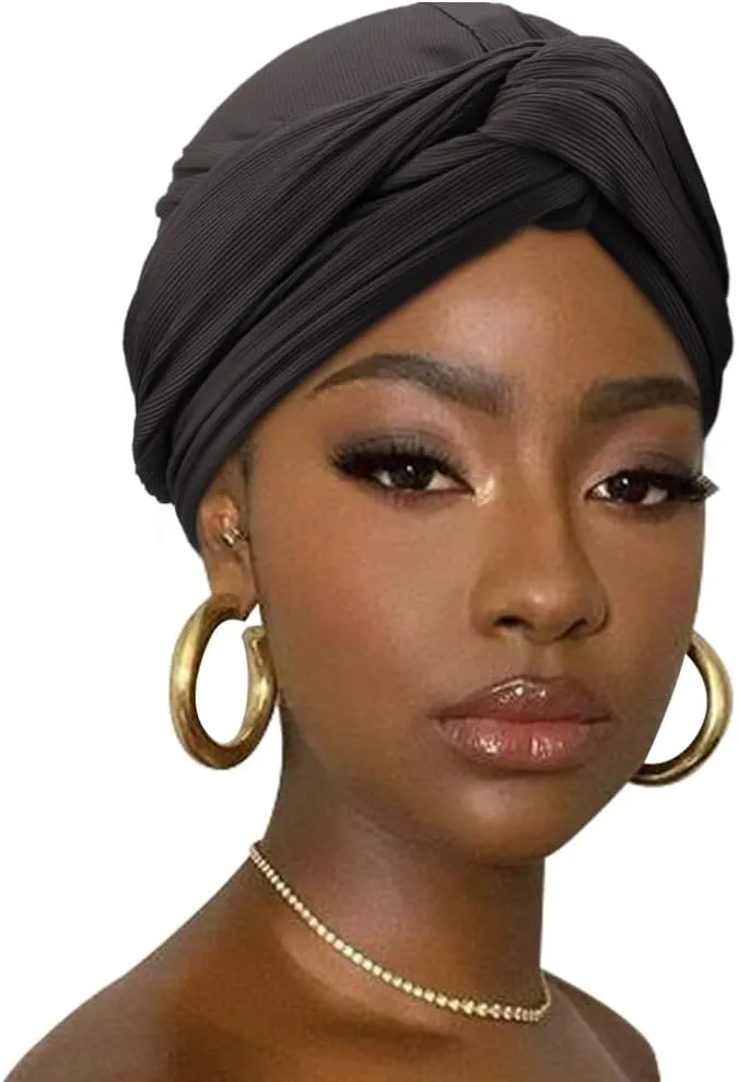 DRESHOW Hair Wrap for Women African Turban Knotted Hairwraps for Sleeping Long Stretch Jersey Head Scarf Ribbed Turban