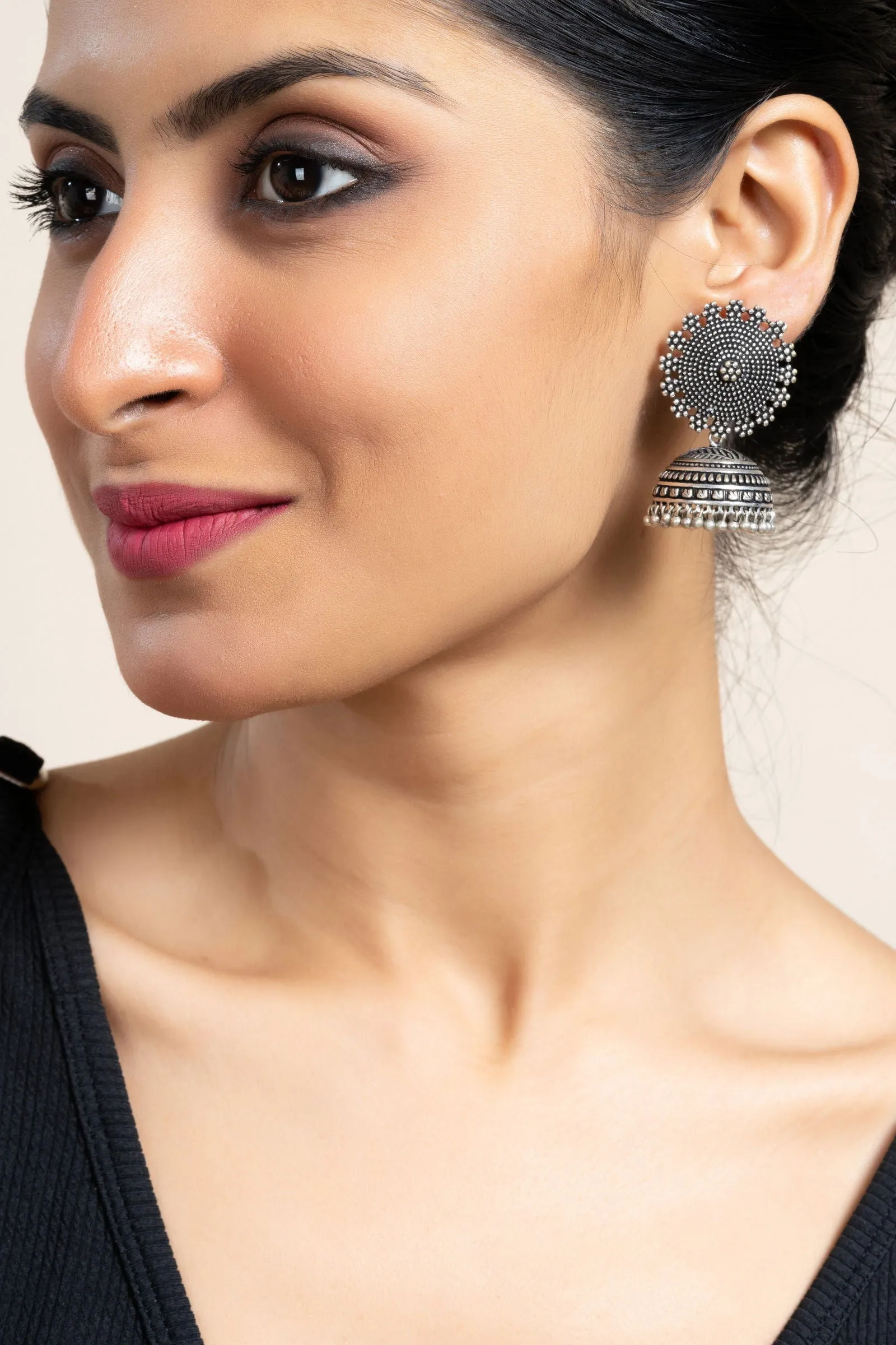 Handmade Designer German Silver Floral Stud Jhumka Earrings - Lightweight, Oxidized Finish, Perfect for All Occasions