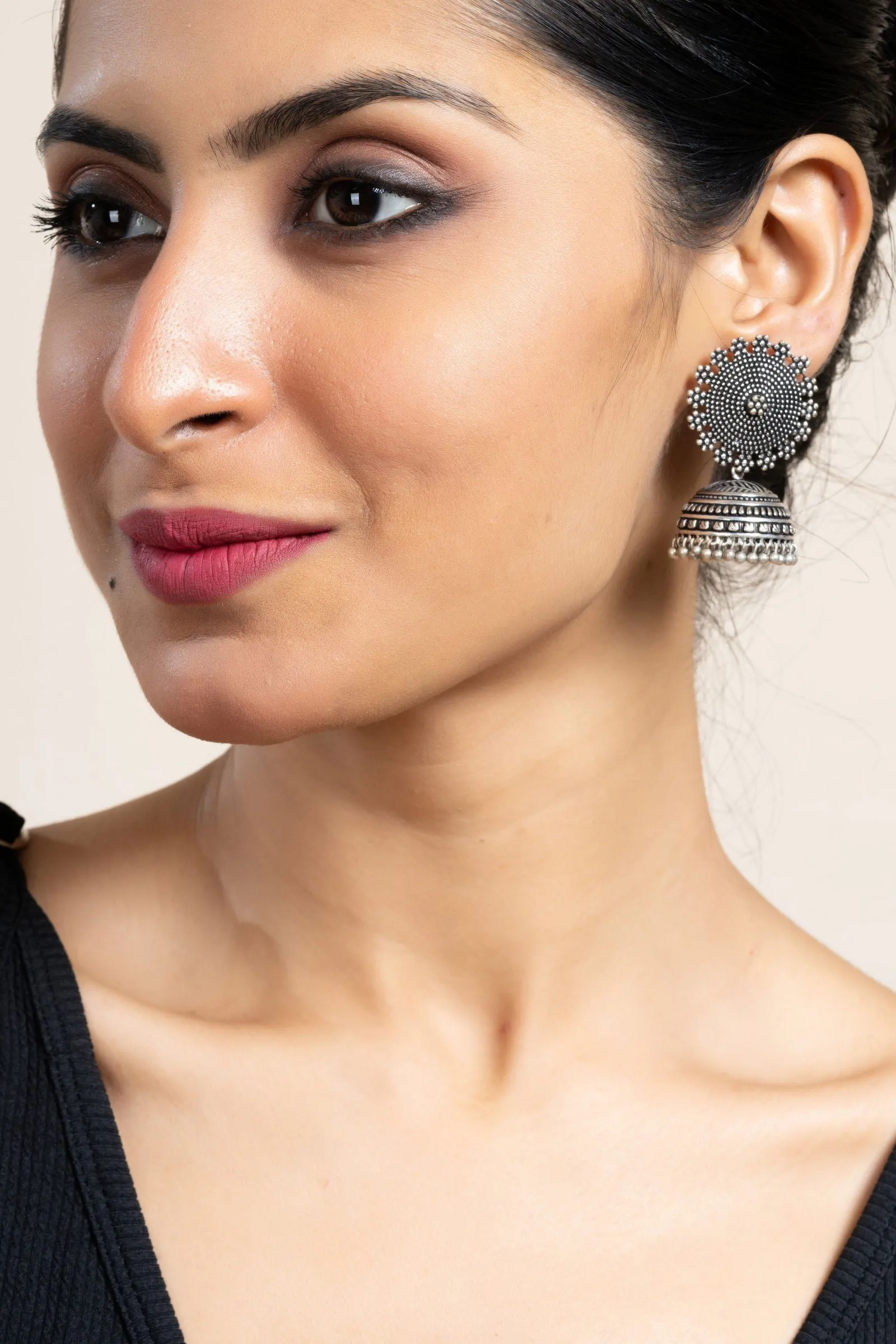 Handmade Designer German Silver Floral Stud Jhumka Earrings - Lightweight, Oxidized Finish, Perfect for All Occasions