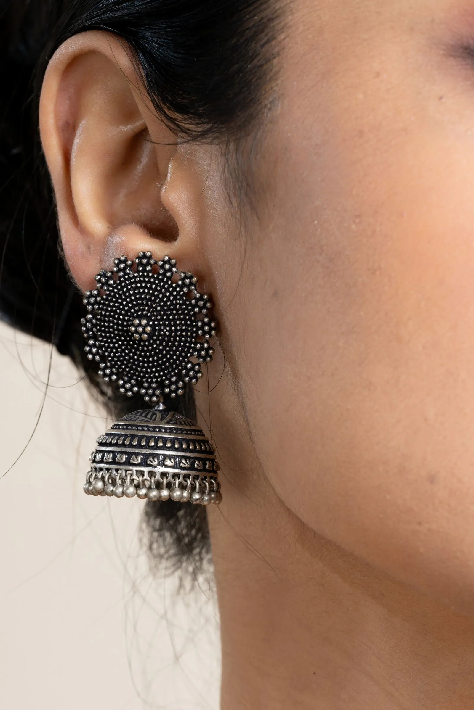 Handmade Designer German Silver Floral Stud Jhumka Earrings - Lightweight, Oxidized Finish, Perfect for All Occasions