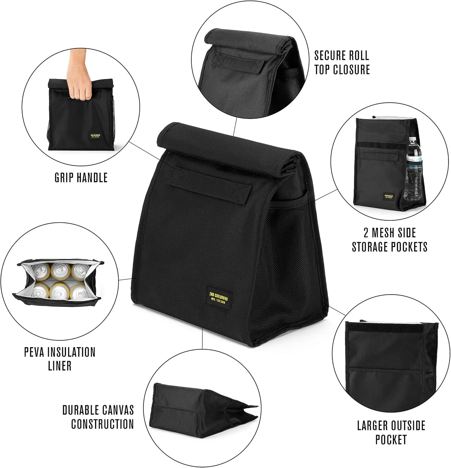 Insulated Lunch Bag for Men and Women - Rolltop Lunch Box with 2 Side Mesh Pockets and 1 Exteral Slip Pocket (Black)