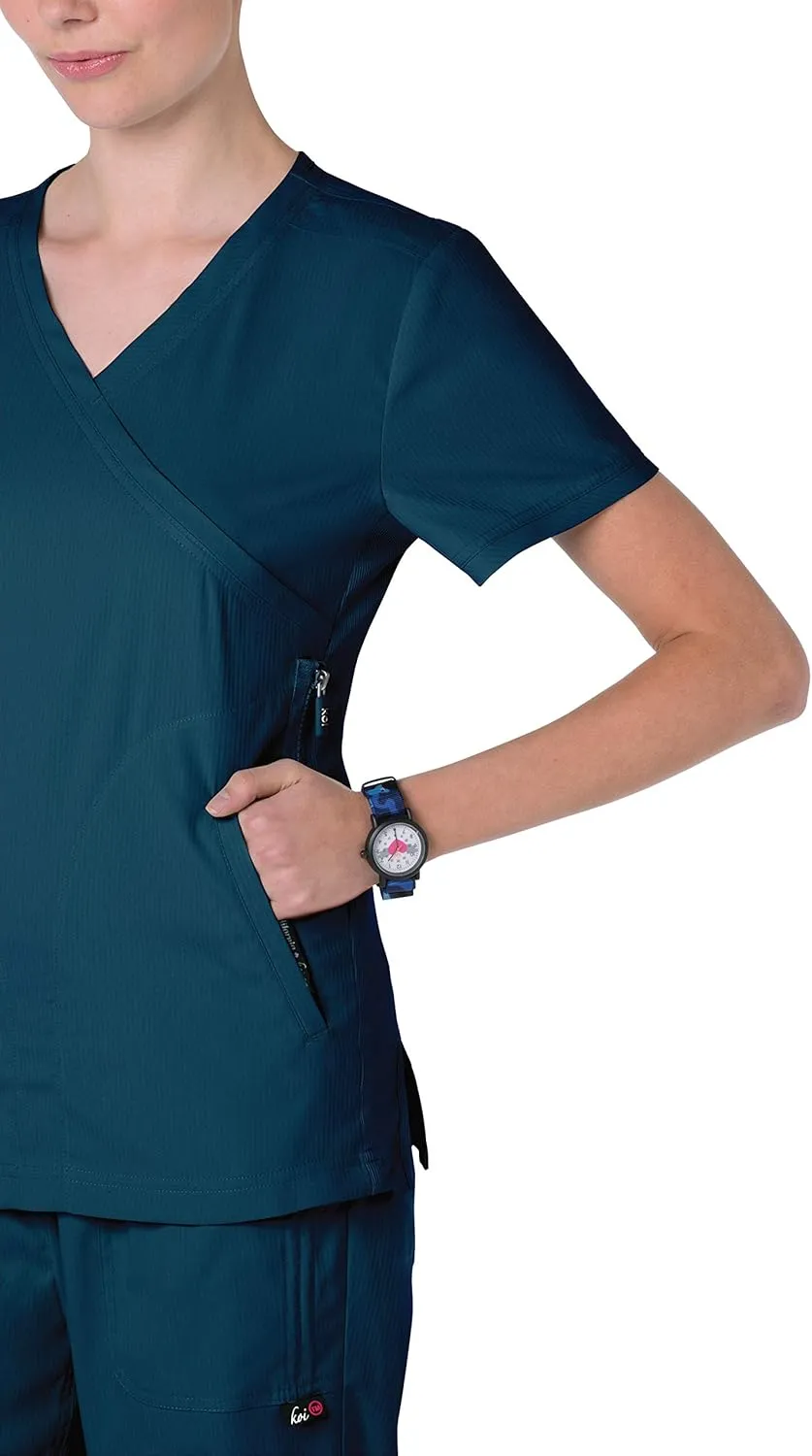 KOI Lite Women's Philosophy Mock Wrap Side Zipper Solid Scrub Top