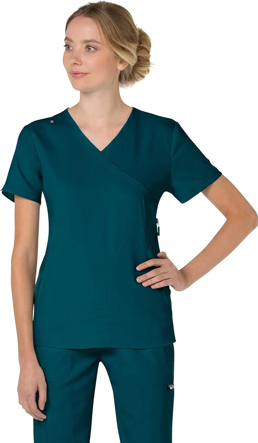 KOI Lite Women's Philosophy Mock Wrap Side Zipper Solid Scrub Top