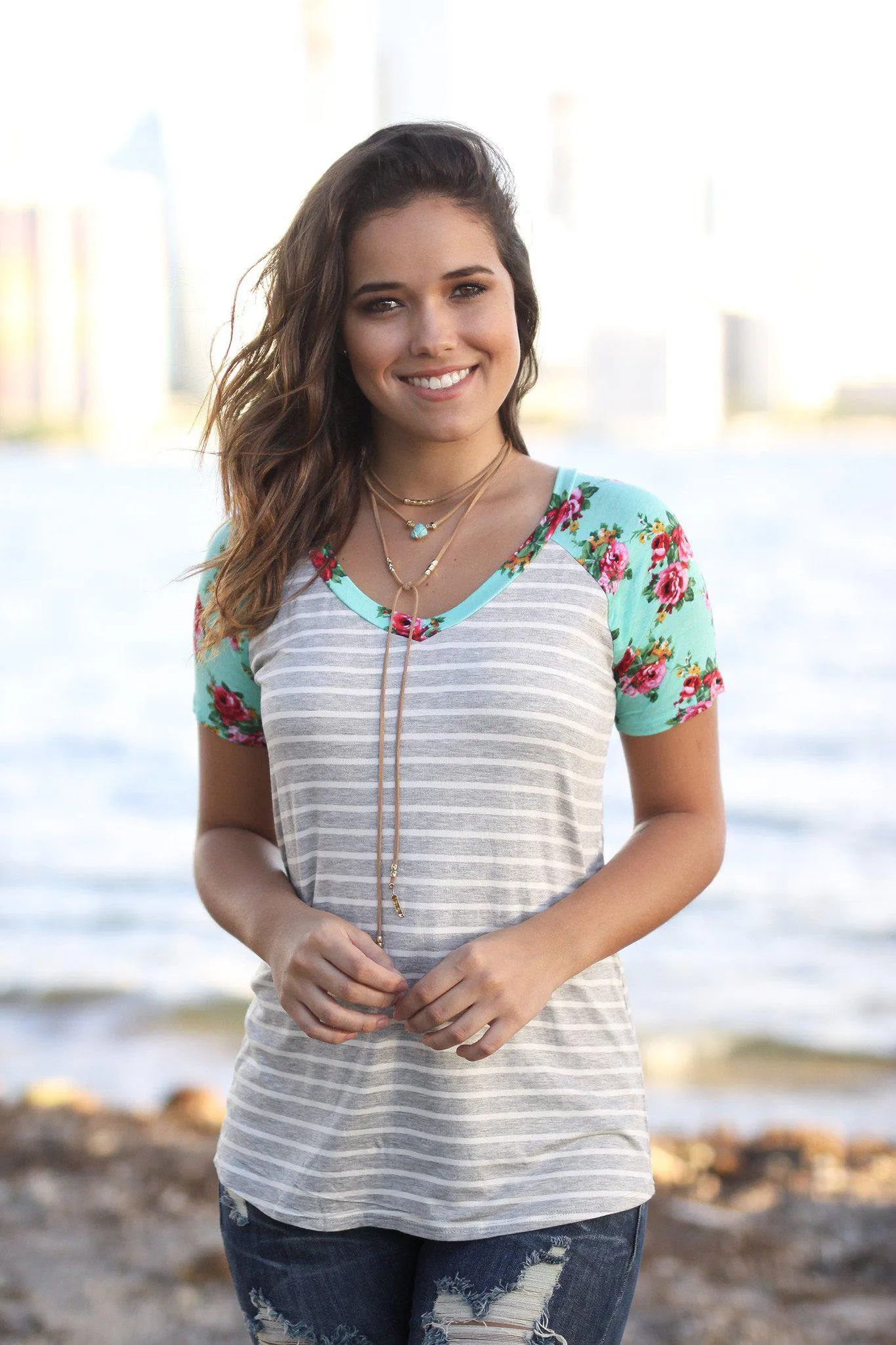 Mint and Gray Striped Top with Floral Sleeves