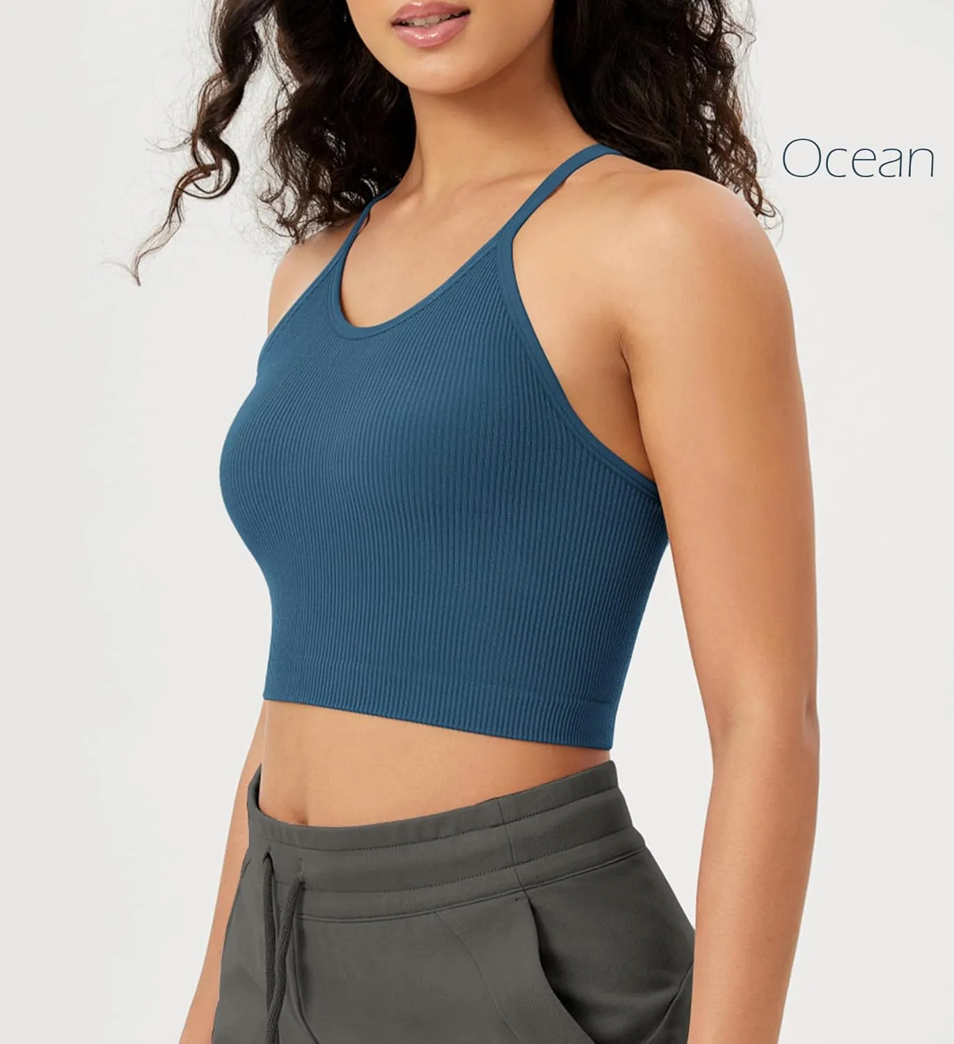 ODODOS Women's Crop 3-Pack Seamless Rib-Knit Camisole Crop Tank Tops