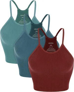ODODOS Women's Crop 3-Pack Seamless Rib-Knit Camisole Crop Tank Tops
