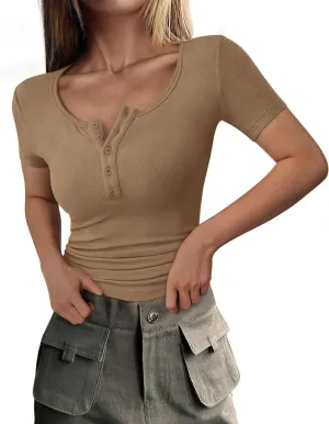 PRETTYGARDEN Women's 2025 Spring Summer Short Sleeve Tops Ribbed Henley Button Slim Fit Basic Casual T Shirts Blouse Clothing