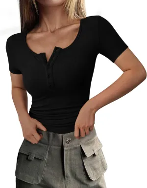 PRETTYGARDEN Women's 2025 Spring Summer Short Sleeve Tops Ribbed Henley Button Slim Fit Basic Casual T Shirts Blouse Clothing