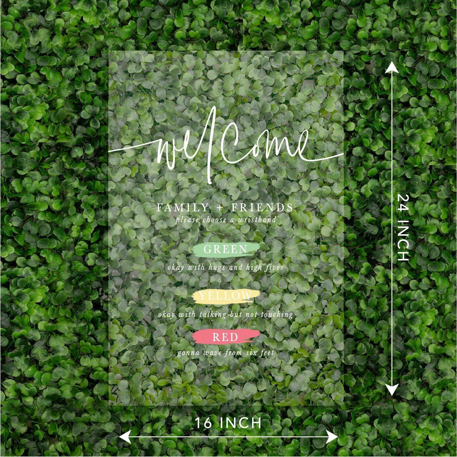 Social Distance Acrylic Wedding Sign, Welcome Family and Friends Please Choose A Wristband, White Text With Green, Yellow, and Red