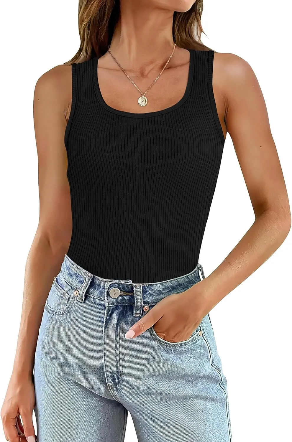 WIHOLL Womens Ribbed Tank Tops 2025 Summer Scoop Neck Slim Fitted Tops Casual Basic Knit Sleeveless Shirts