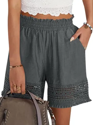Women's Casual Elastic Waist Yoga Lounge Shorts - Comfy Stretch Lace Trim Summer Beach Linen Ruffle Shorts