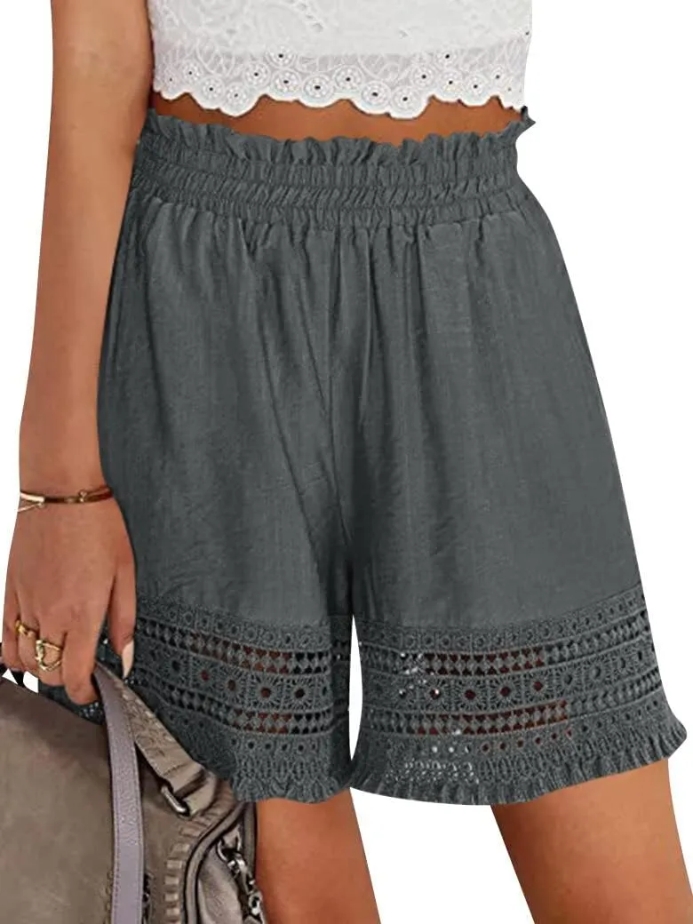 Women's Casual Elastic Waist Yoga Lounge Shorts - Comfy Stretch Lace Trim Summer Beach Linen Ruffle Shorts
