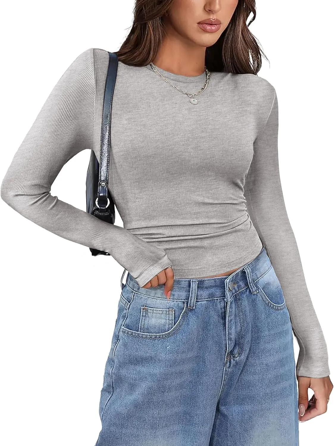 Zeagoo Womens Long Sleeve Stretch Crewneck Ribbed T-Shirt Slim Fit Casual Basic Tops S-XXL