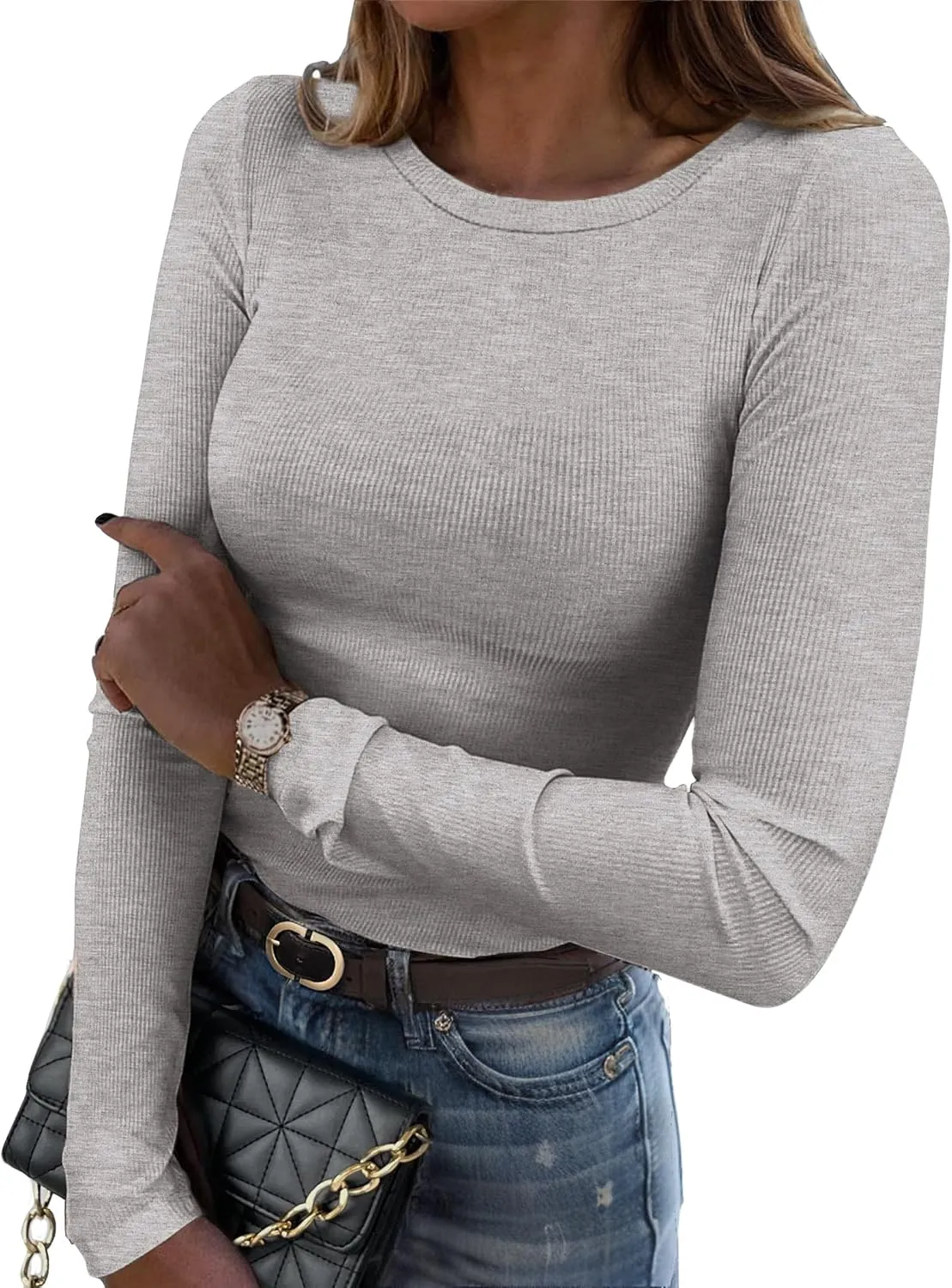 Zeagoo Womens Long Sleeve Stretch Crewneck Ribbed T-Shirt Slim Fit Casual Basic Tops S-XXL
