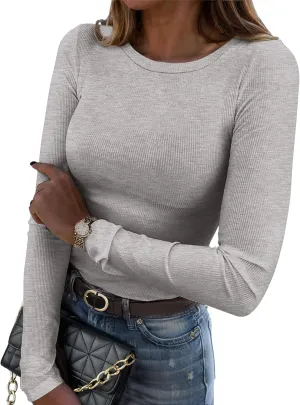 Zeagoo Womens Long Sleeve Stretch Crewneck Ribbed T-Shirt Slim Fit Casual Basic Tops S-XXL